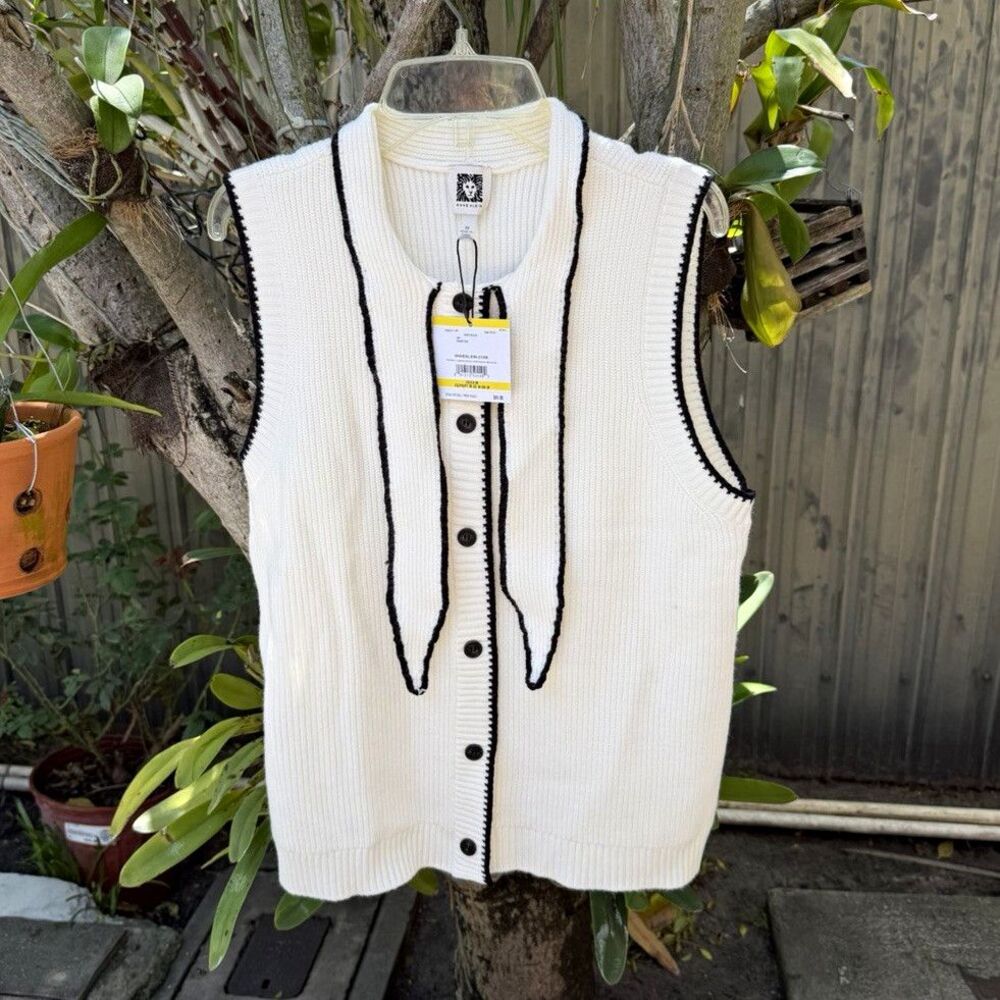 Anne Klein Ivory Black Knit Cardigan Sweater Collared Button Sleeveless M